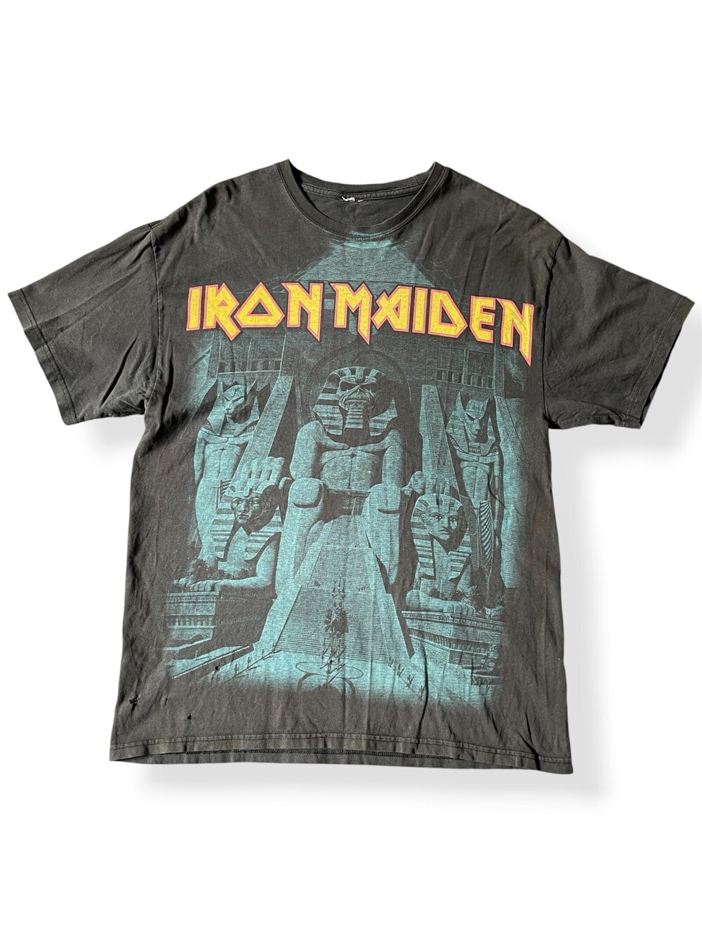 Vintage Y2K Iron Maiden Powerslave All Over Print T-Shirt Black Mens Size Medium